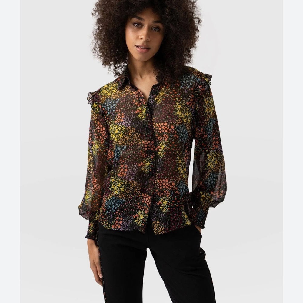 NWT Saint + Sofia Women's Taylor Frill Detail Blouse, Ditsy Floral